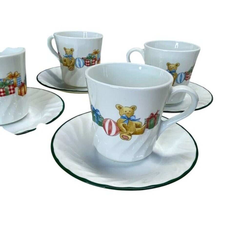 Corelle Teddy Bear Holiday Themed Cups & Saucers Set Of 4